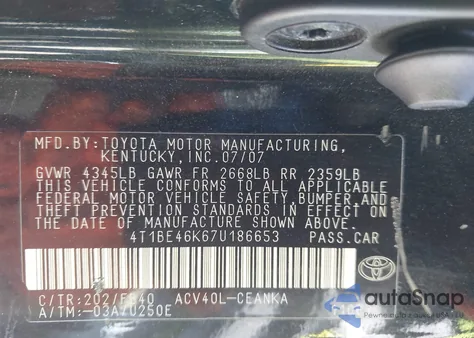 2007 Toyota Camry Le from USA, damaged, VIN 4T1BE46K67U186653